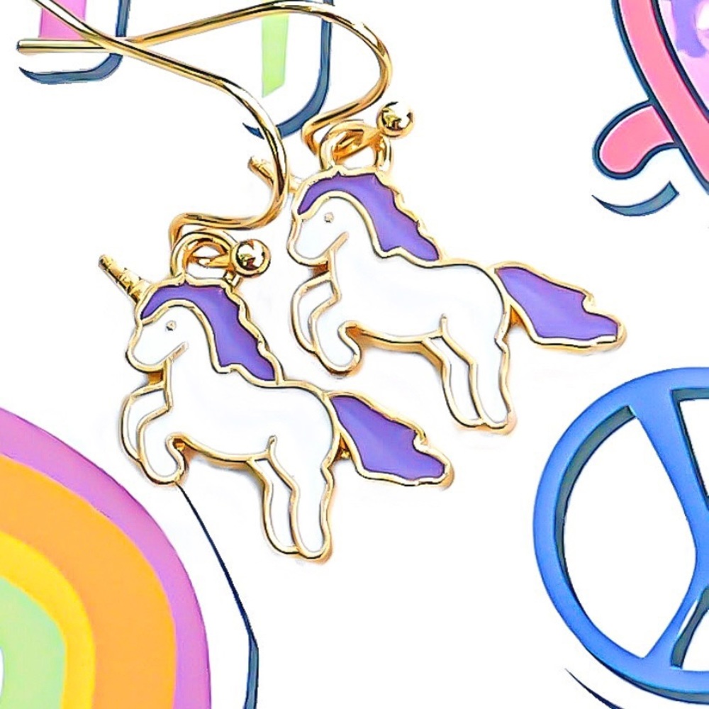 𝟯 𝗣𝗔𝗜𝗥𝗦 Hand Enameled Unicorn Dangle Drop Earrings 14K Yellow Gold Dipped